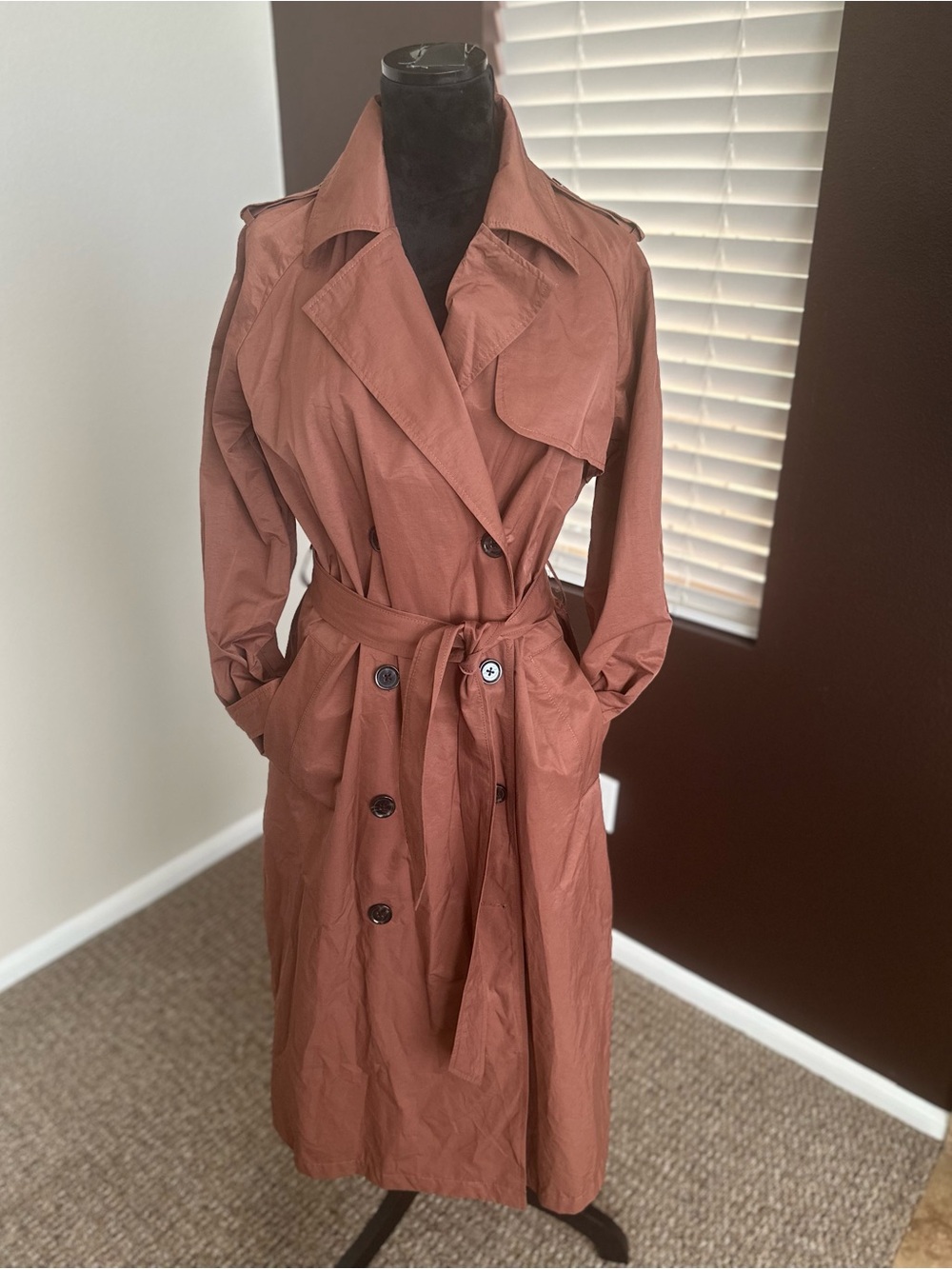 A New Day•Double breasted Trench Coat with Belt and Pockets. Sz.Large.